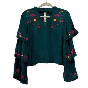 Rock & Roll Cowgirl Green Floral Boho Western Layered Ruffle Top Shirt Small​​​